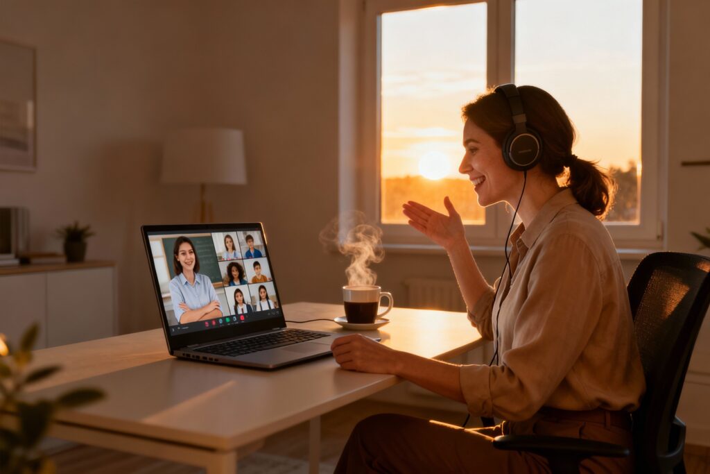 Eine Frau mit Kopfhörern sitzt an einem Schreibtisch mit einem Laptop und nimmt an einem Englisch Online Kurs teil, während neben ihr eine Tasse Kaffee bei Sonnenuntergang dampft.
