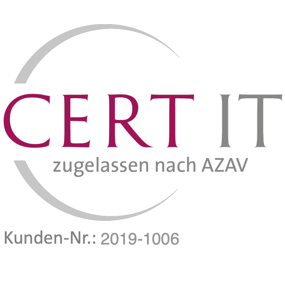 CERT IT Logo mit Text "zugelassen nach AZAV" und darunter "Kunden Nr.: 2019 1006", in den Farben grau und dunkelrot.