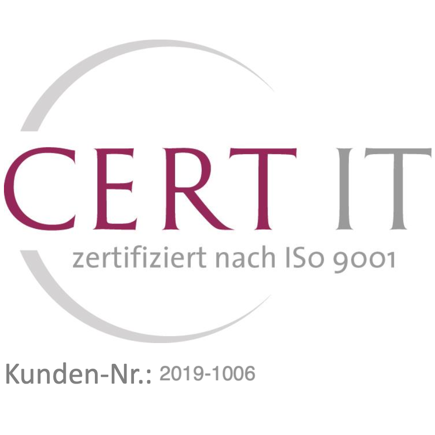 CERT IT ISO 9001 Zertifizierungslogo mit dem Text "zertifiziert nach ISO 9001" und darunter "Kunden Nr.: 2019 1006".